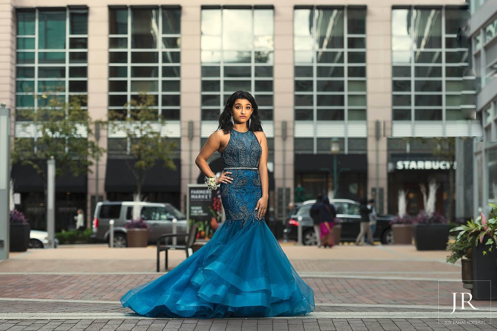 open lace back dress Glitter-Print Long Prom Dress: Dancing Queen 4354 Steel Blue / XSmall